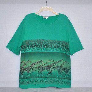 Vintage Sweatshirt Women's Size 2X Green Short Sleeve Giraffe Print Top 80s 90s